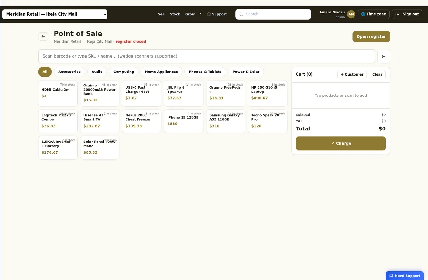 Nexus Retail point of sale with the product grid, cart and charge button